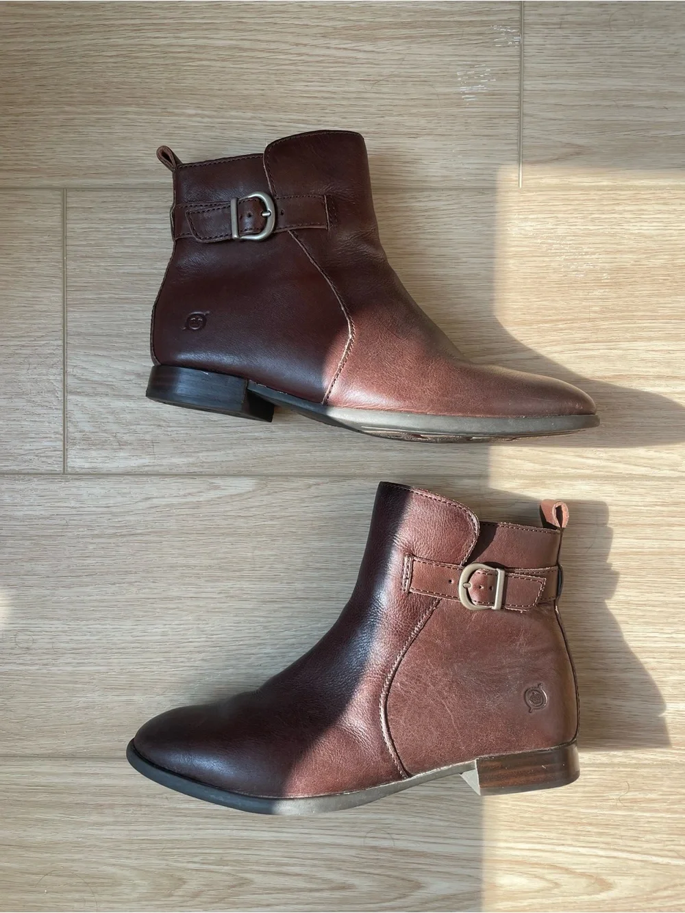 Born Brown Leather Ankle Booties Buckle Strap Size 7.5 Like New
